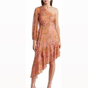 BCBGeneration Asymmetrical One-Shoulder Dress in Pink and Orange size 8